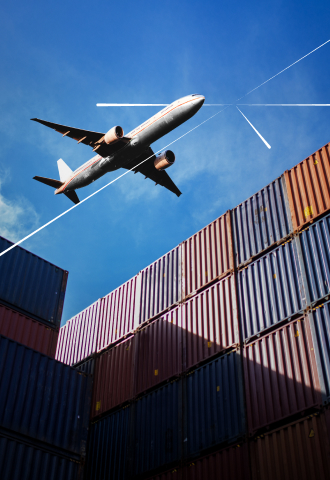 Airplane flying across cargo