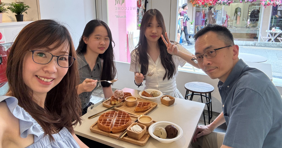 Johnny and his family members enjoying ice cream waffles