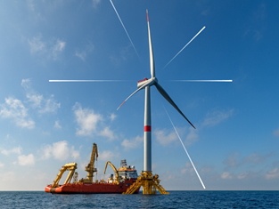A large offshore wind turbine in the open sea