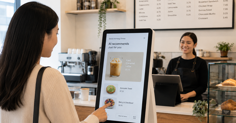 Customer ordering drinks from a kiosk