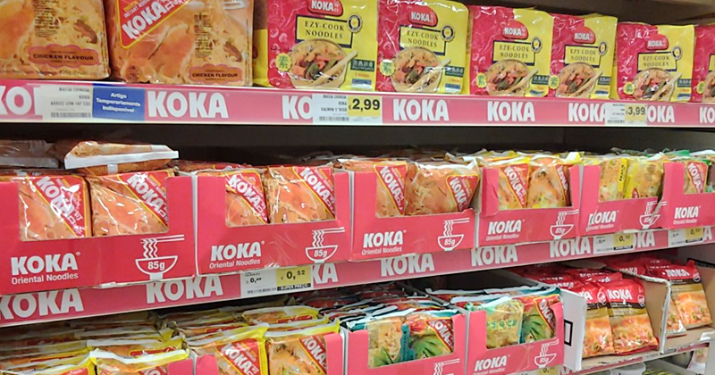 Koka Instant noodles on supermarket shelves in Portugal