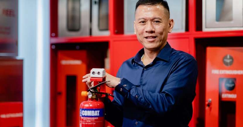 Mr Kenneth Lim, chief executive officer, Lingjack, shows off the company's Combat range of fire extinguishers