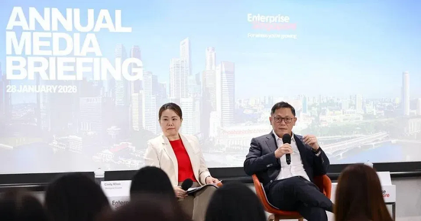 Enterprise Singapore's managing director Cindy Khoo and chairman Lee Chuan Teck at the annual media briefing on Jan 28.