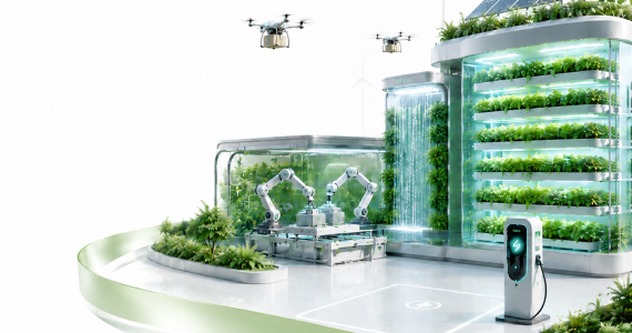Conceptual image of sustainable industry with automation, urban farming, and clean technology